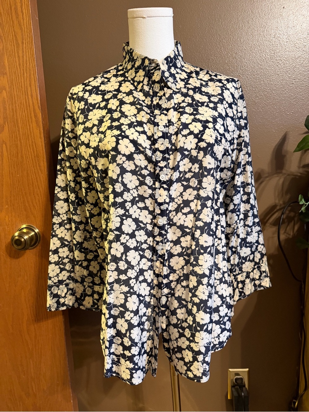 Ralph Lauren Navy Floral Button-Down Shirt with White Blossoms